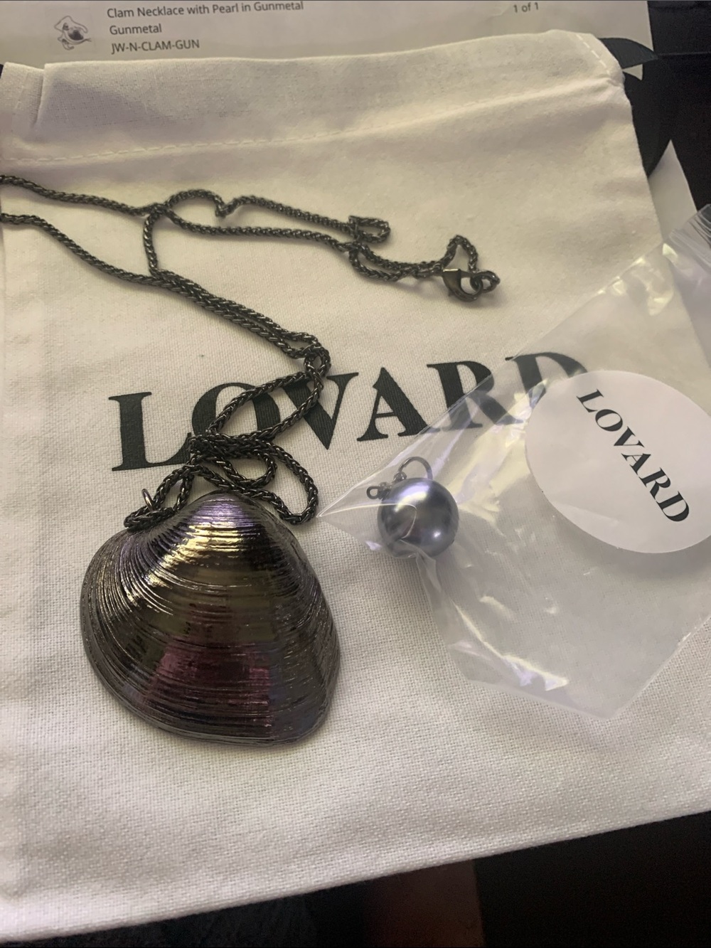 LOVARD Gunmetal Clam Shell Necklace with Pearl Accent